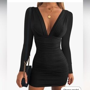 GOBLES BWomen's Sexy Long Sleeve V Neck Ruched Bodycon Mini Party Cocktail Dress